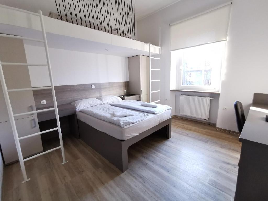 a bedroom with a bunk bed and a ladder at Rooms Ambrožič in Ljubljana