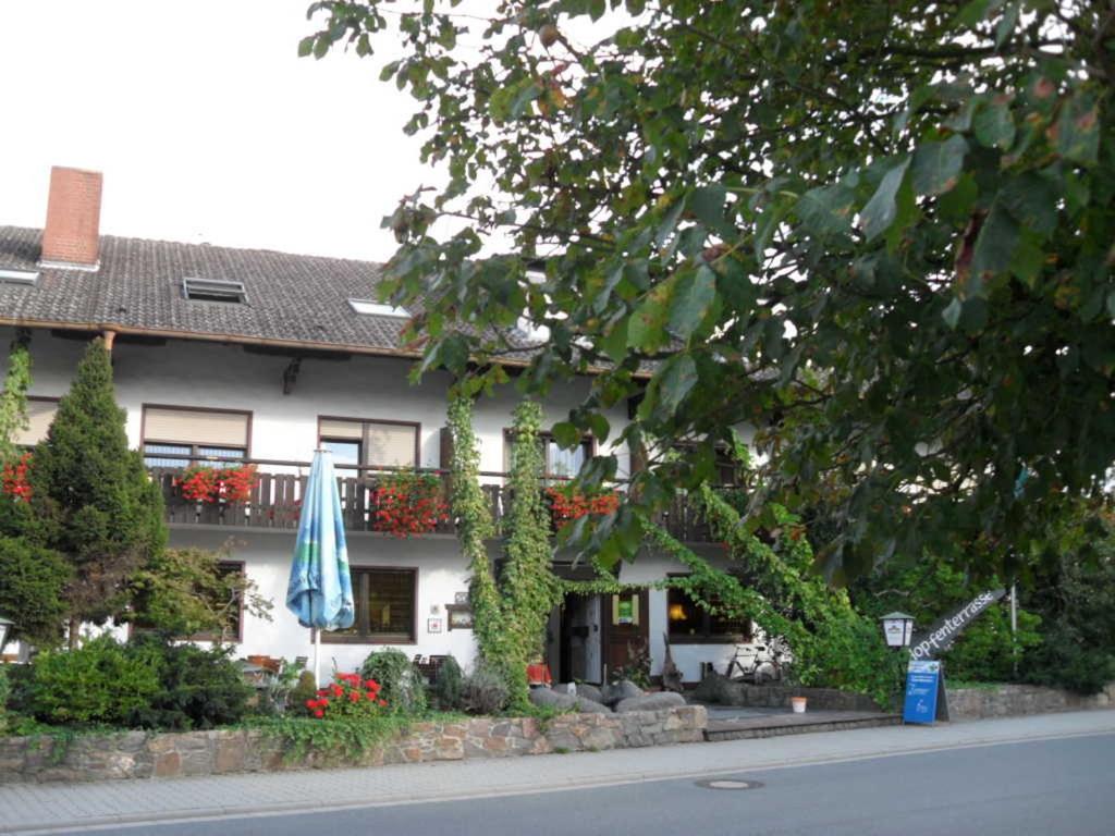 a building with a blue umbrella in front of it at Landgasthof Brunnenwirt Zum Meenzer in Fischbachtal