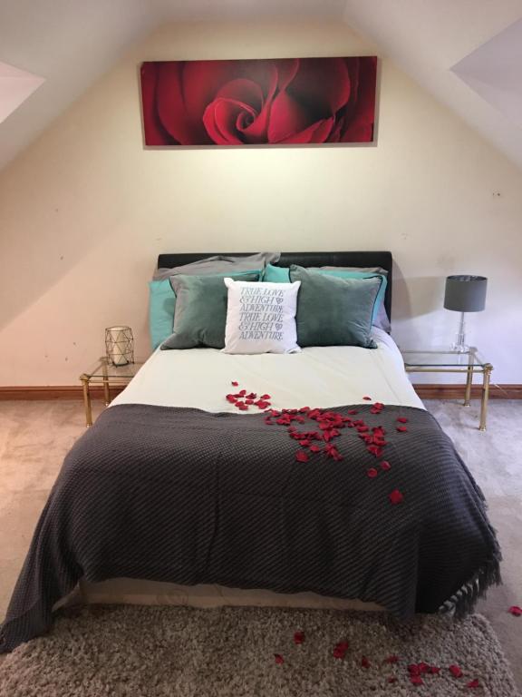 a bedroom with a large bed with red flowers on it at Castle House in Tyldesley
