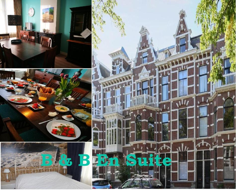 eine Collage mit Bildern eines Gebäudes mit einem Esstisch in der Unterkunft En Suite in Den Haag