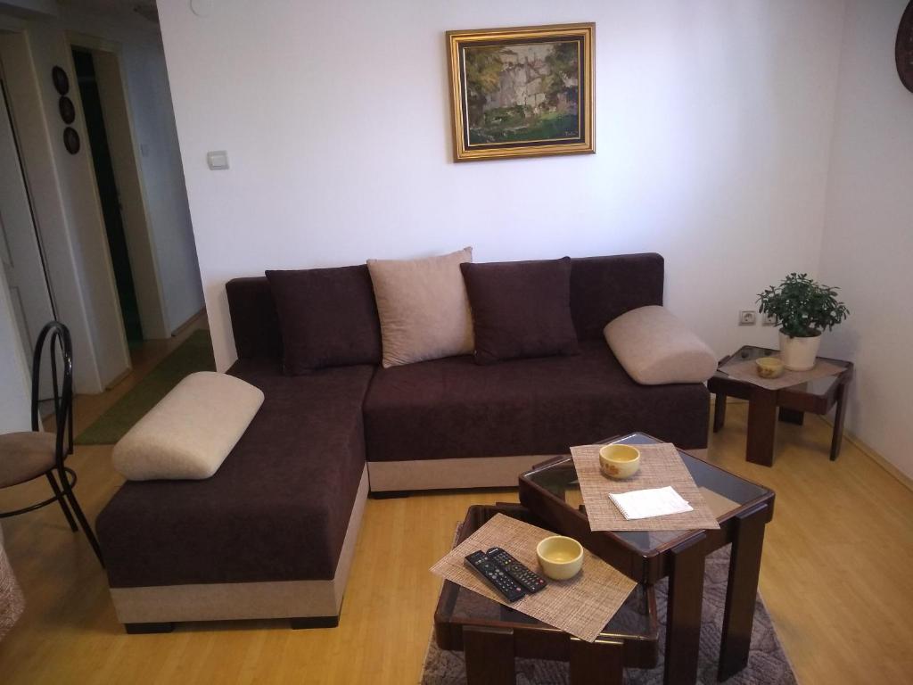 ein Wohnzimmer mit einem Sofa und einem Tisch in der Unterkunft Apartment Vojinovic in Aranđelovac