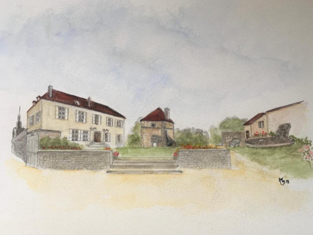 a watercolor painting of a house and buildings at La Buffonnerie in Moutiers-Saint-Jean