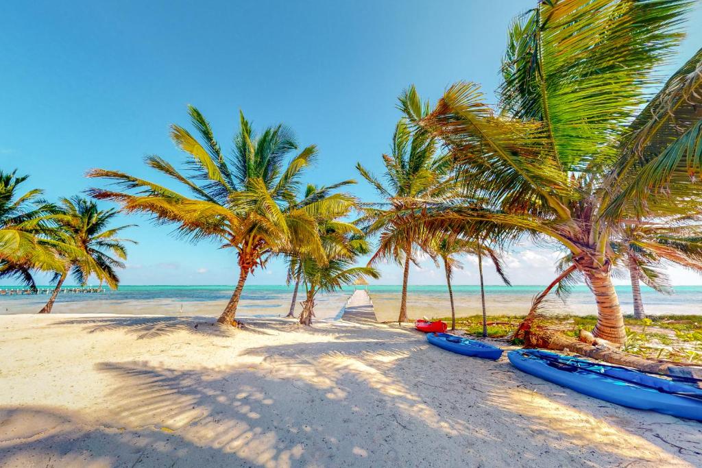 een strand met palmbomen en een boot erop bij Blue Water Beach Villas in San Pedro