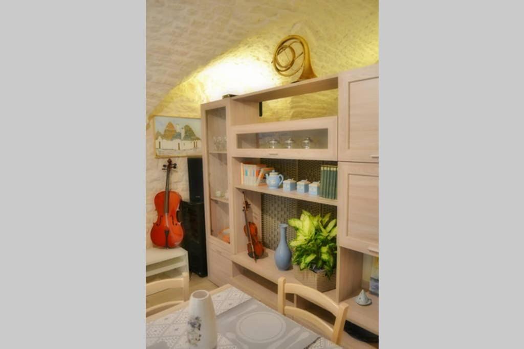 um quarto com uma estante de livros com um violino em Casa del Maestro em Cisternino