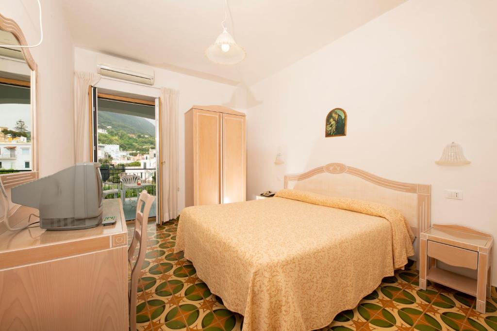 a bedroom with a bed and a tv and a window at Hotel Candia in Ischia