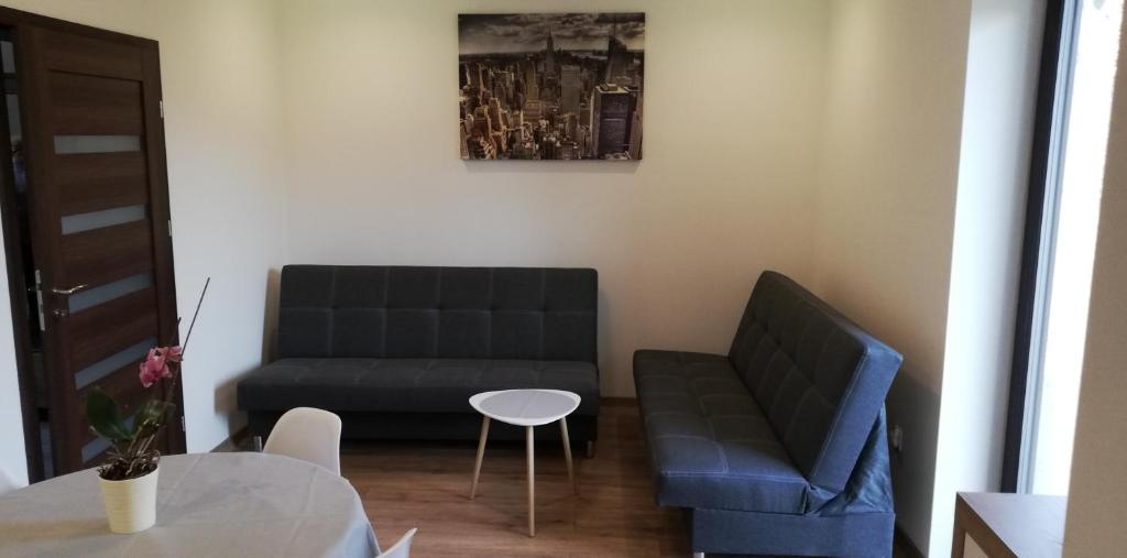a living room with a couch and a table at Lion Apartment in Andrychów