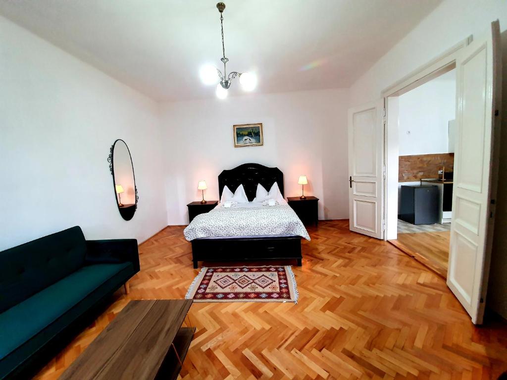 sala de estar con cama y sofá en Maximus Apartments en Sighişoara