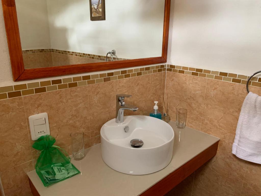 a white sink in a bathroom with a mirror at La Posada de la Pedrera in La Pedrera