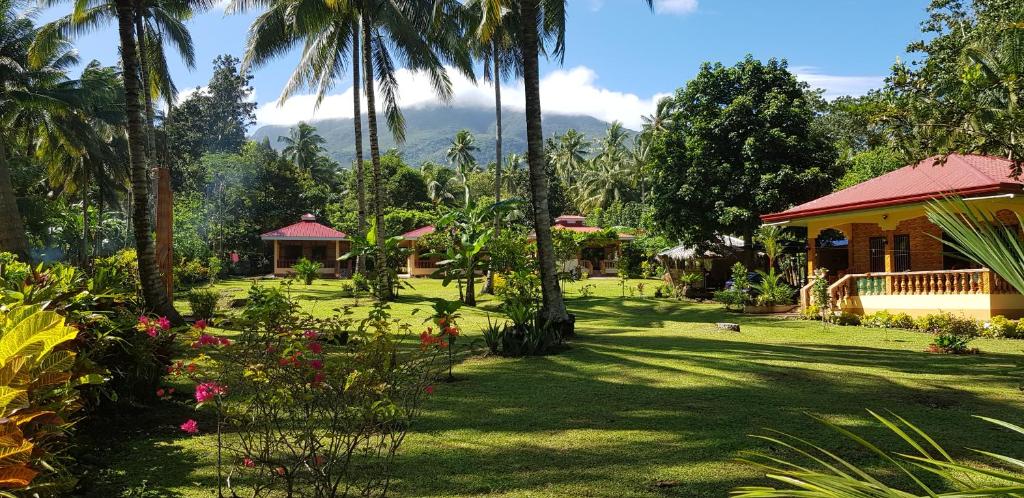 a garden with palm trees and a house at Paco's Garden Home Stay in Mambajao