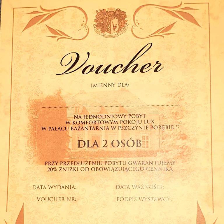 Certifikát, ocenenie alebo iný dokument vystavený v ubytovaní Pałac Bażantarnia