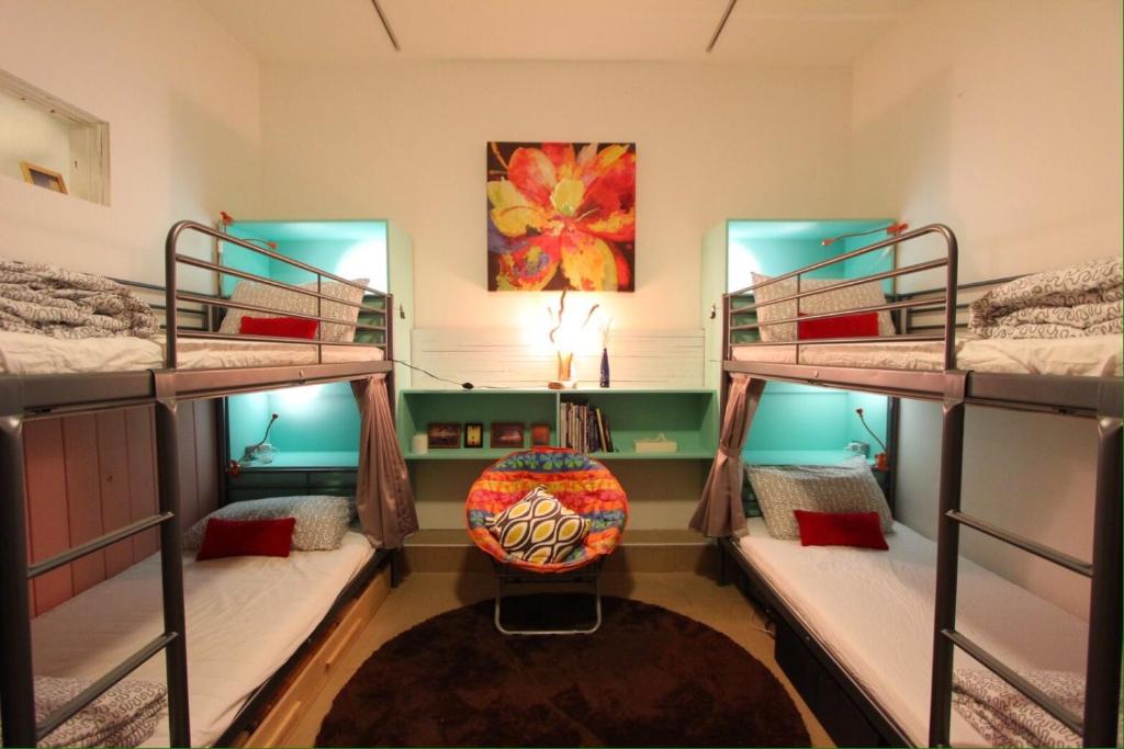 a room with three bunk beds in a room at Kenting Nanwan AlohaInn in Nanwan