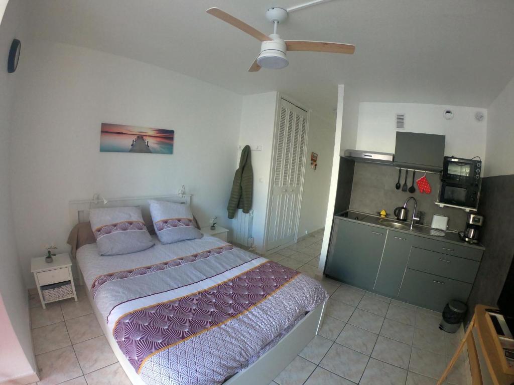 a bedroom with a bed with a ceiling fan at Les Frégates Balaruc Les Bains in Balaruc-les-Bains