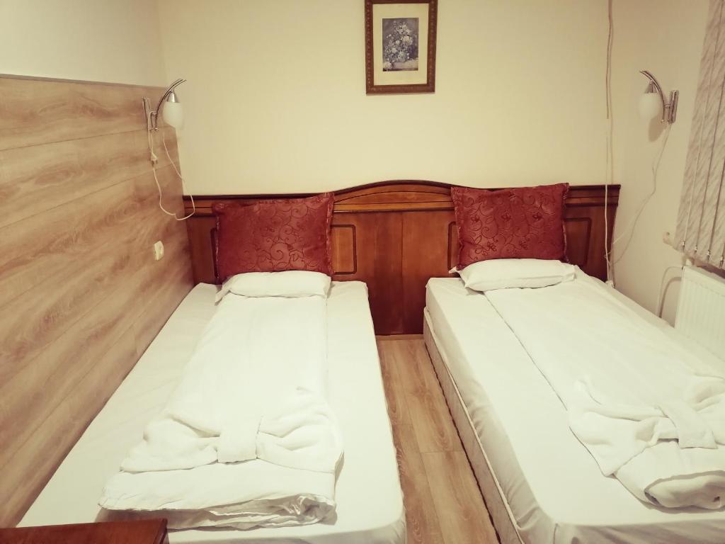 2 letti posti uno accanto all'altro in una stanza di Guest House Nani a Asenovgrad