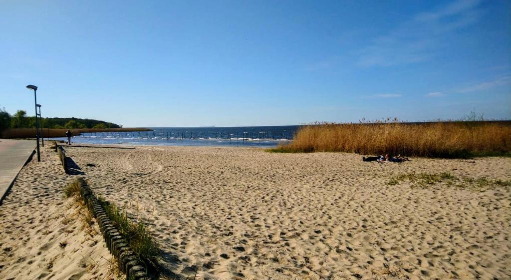 uma praia de areia com vista para o oceano em Apartments by the beach em Trzebiez
