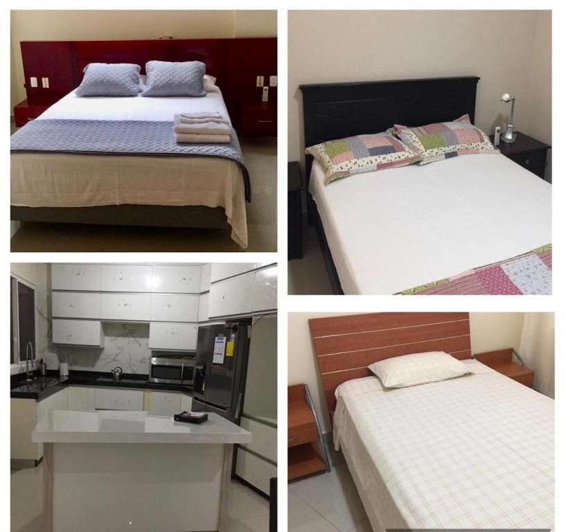 four pictures of a bedroom with two beds and a sink at Garzota Suites Airport Bajos in Guayaquil