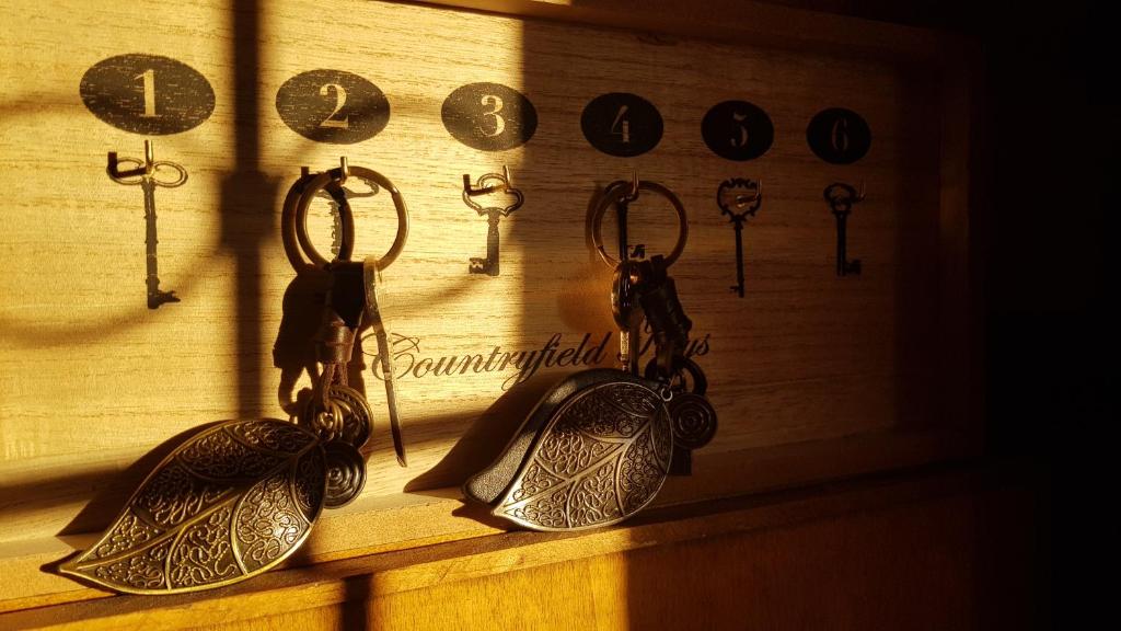 un montón de llaves antiguas colgando de una pared en Apartamento Rural Alfawara, en Alfafara