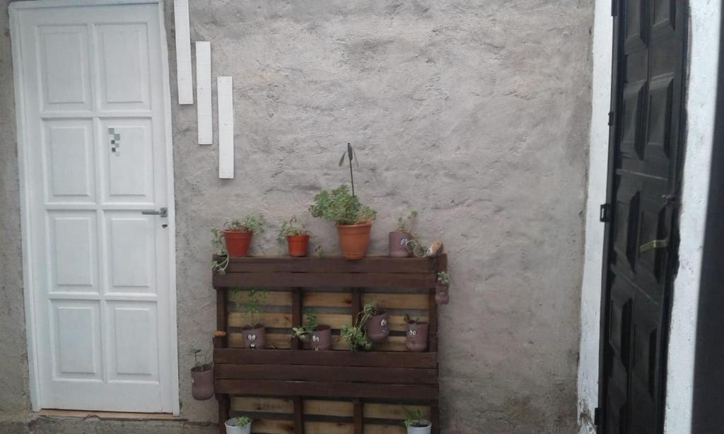 eine weiße Tür mit Topfpflanzen an der Wand in der Unterkunft La Casita in Neuquén