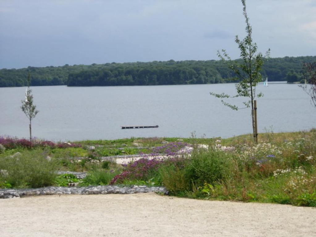 widok na jezioro z łodzią w wodzie w obiekcie Lac de l'Eau d'Heure appartement C23 Commodore Les Joséphines w mieście Erpion