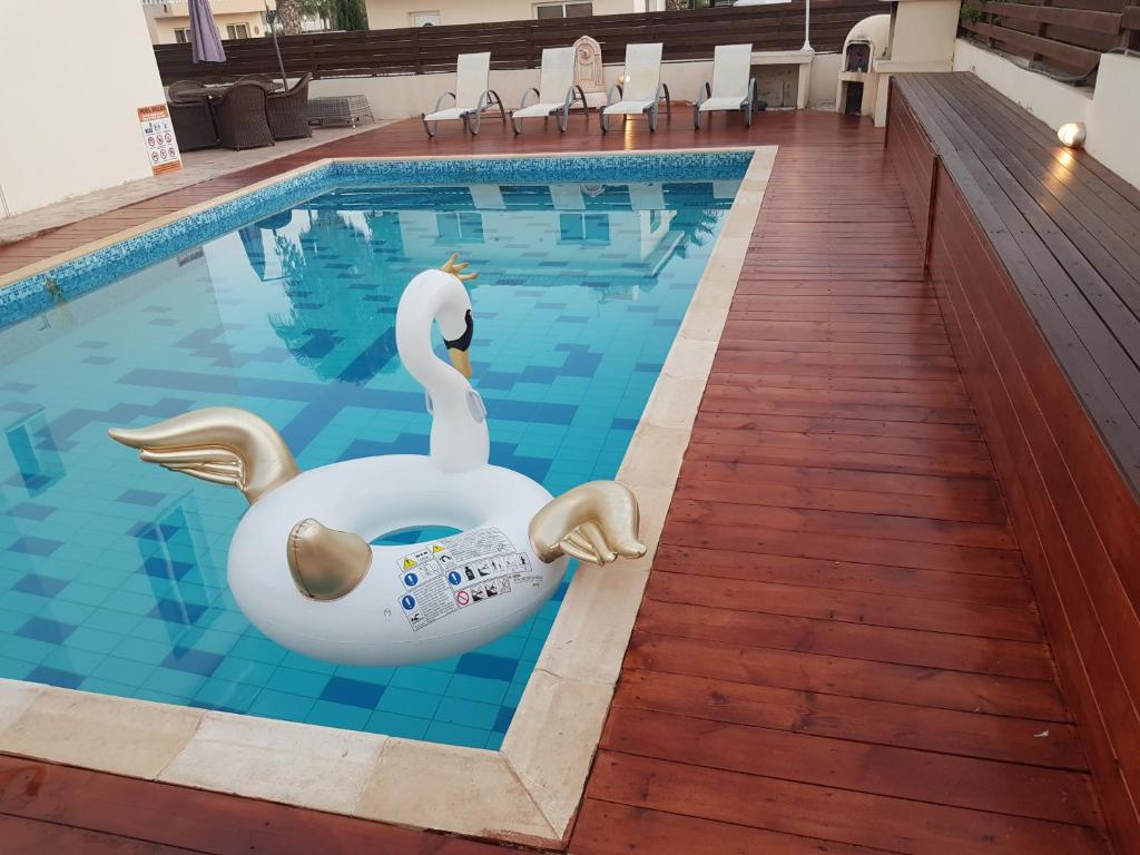 una piscina con un cisne y un cisne en el agua en Nissi Luxury Villa, en Ayia Napa
