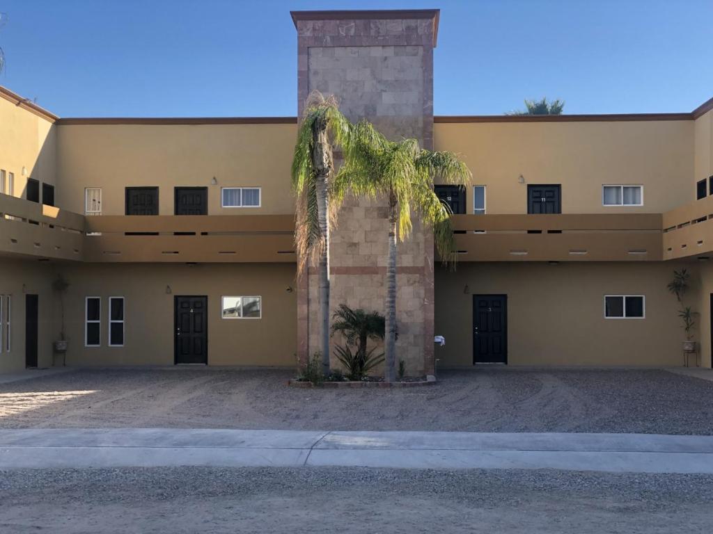 a building with a palm tree in front of it at Sea Rock Hotel in Puerto Peñasco