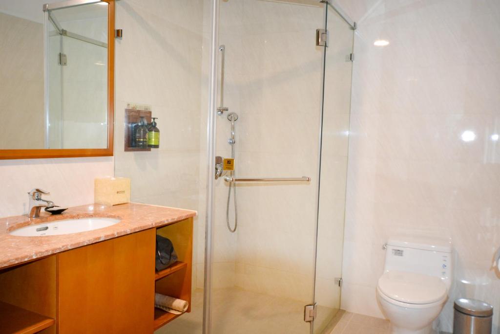 a bathroom with a shower and a toilet and a sink at Fushin Hotel Taichung in Taichung