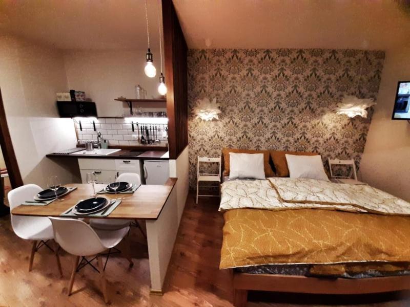 a bedroom with a bed and a desk and a kitchen at Apartmány AMADE Jeseníky in Vrbno pod Pradědem