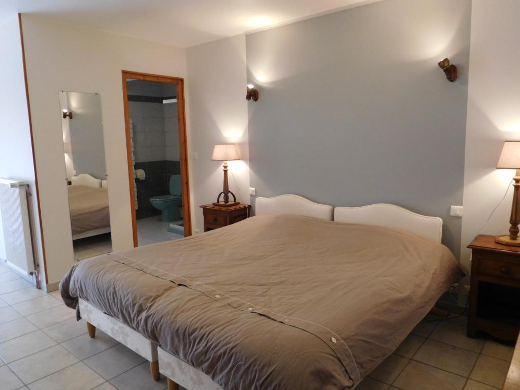 a bedroom with a large bed and a mirror at la forge in Lanty-sur-Aube