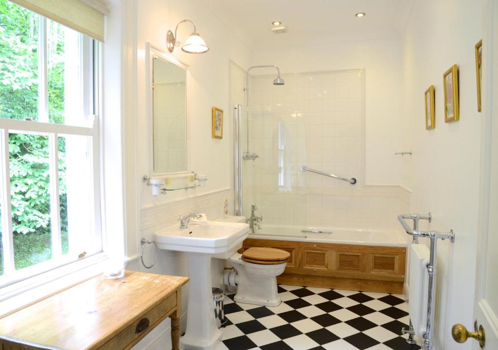 a bathroom with a toilet and a tub and a sink at Delphi Lodge in Leenaun