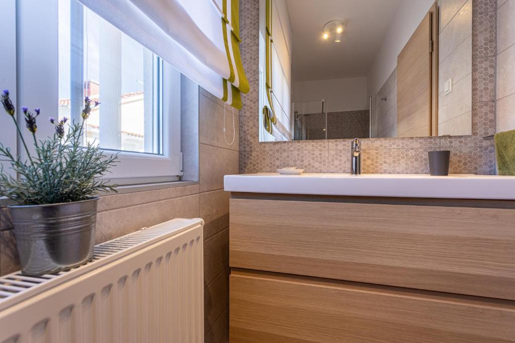a bathroom with a sink and a mirror at Pansion Tina in Šilo