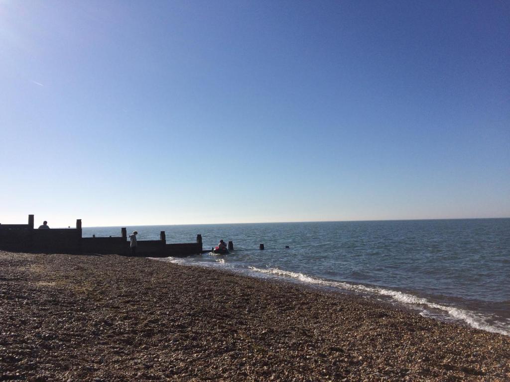 a group of people in the water at the beach at Passengers House in Whitstable