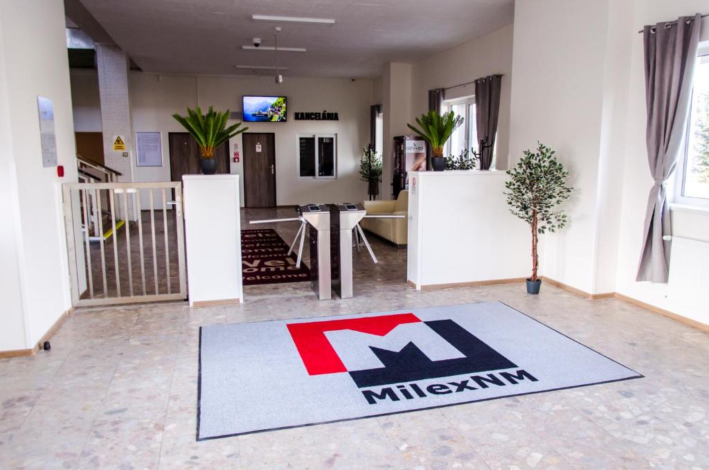 a lobby with a living room with a rug on the floor at Ubytovňa Milex in Nové Mesto nad Váhom