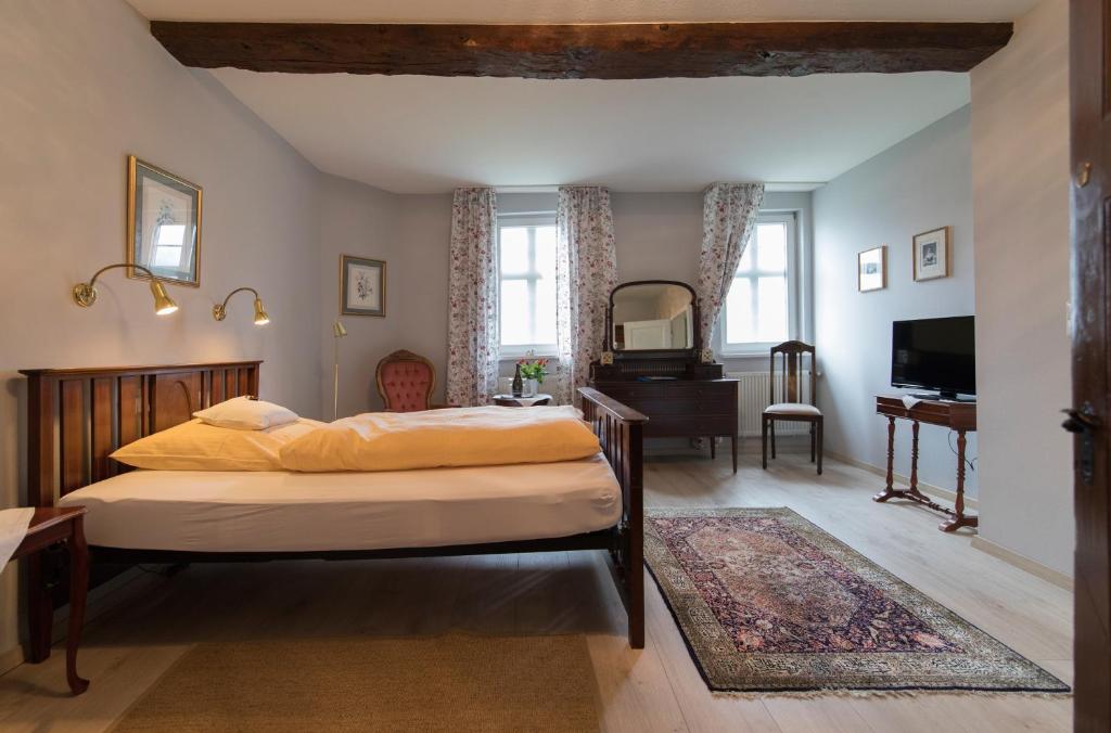 a bedroom with a large bed and a television at Hotel Kavaliershaus/Schloss Bad Zwesten in Bad Zwesten