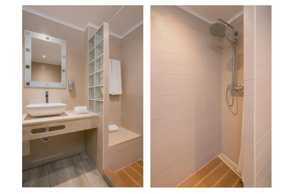 two pictures of a bathroom with a sink and a shower at Apartamentos Borda D´Agua in Albufeira