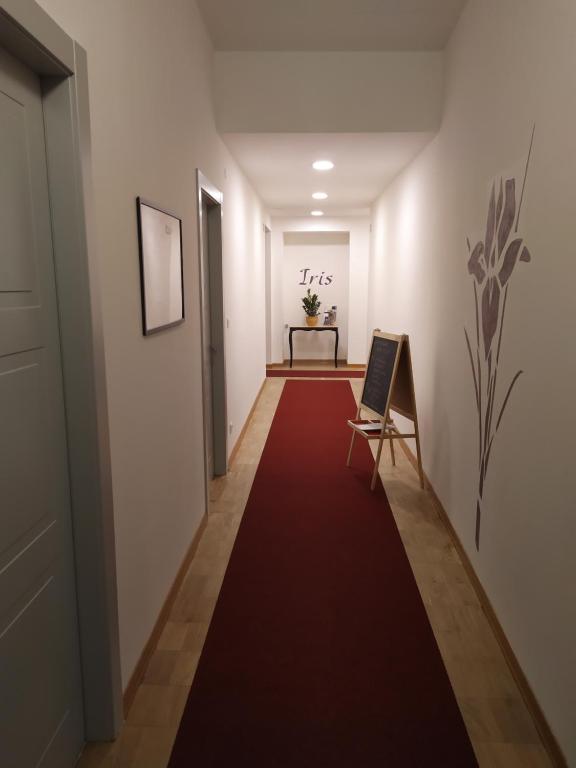 um corredor com um tapete vermelho e uma mesa em Affittacamere Iris em Trieste