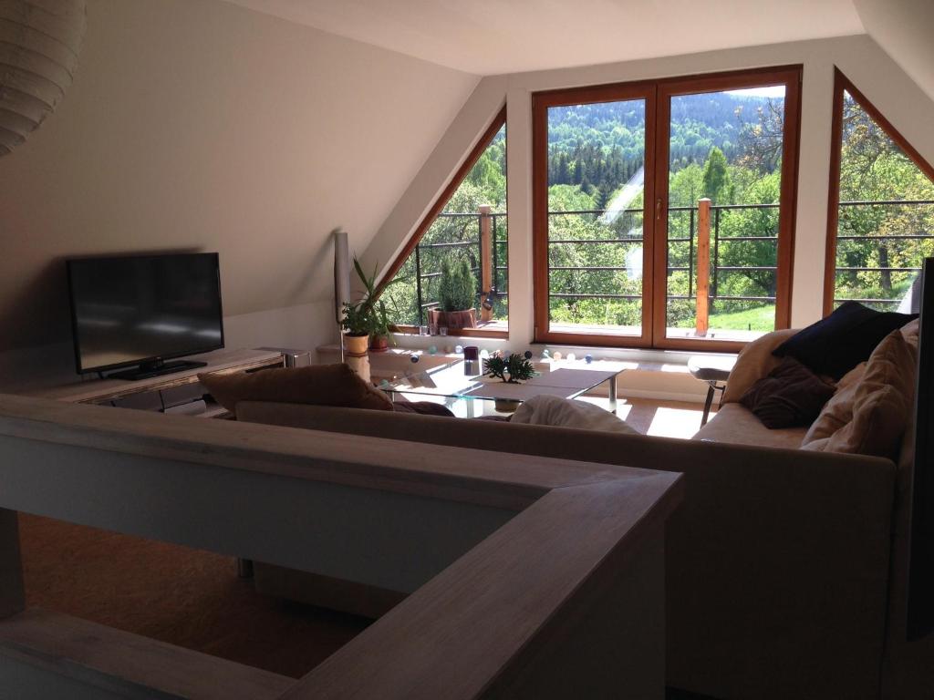 a living room with a couch and a tv at Agroturystyka Ostoja in Polanica-Zdrój