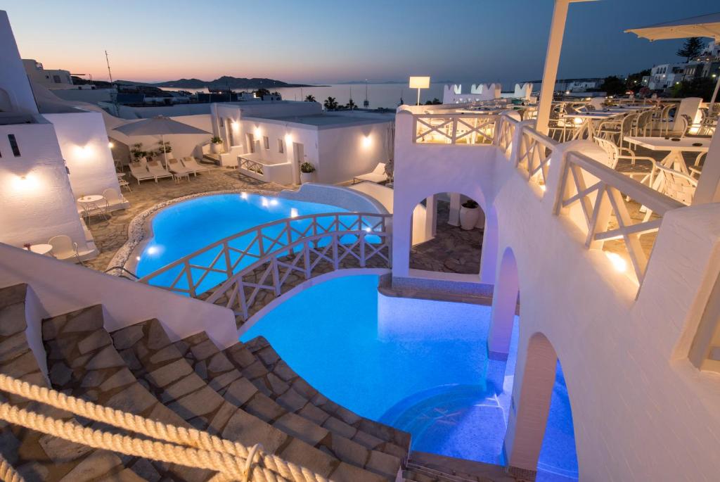 arial view of a swimming pool in a resort at Kanale's Rooms & Suites in Naousa