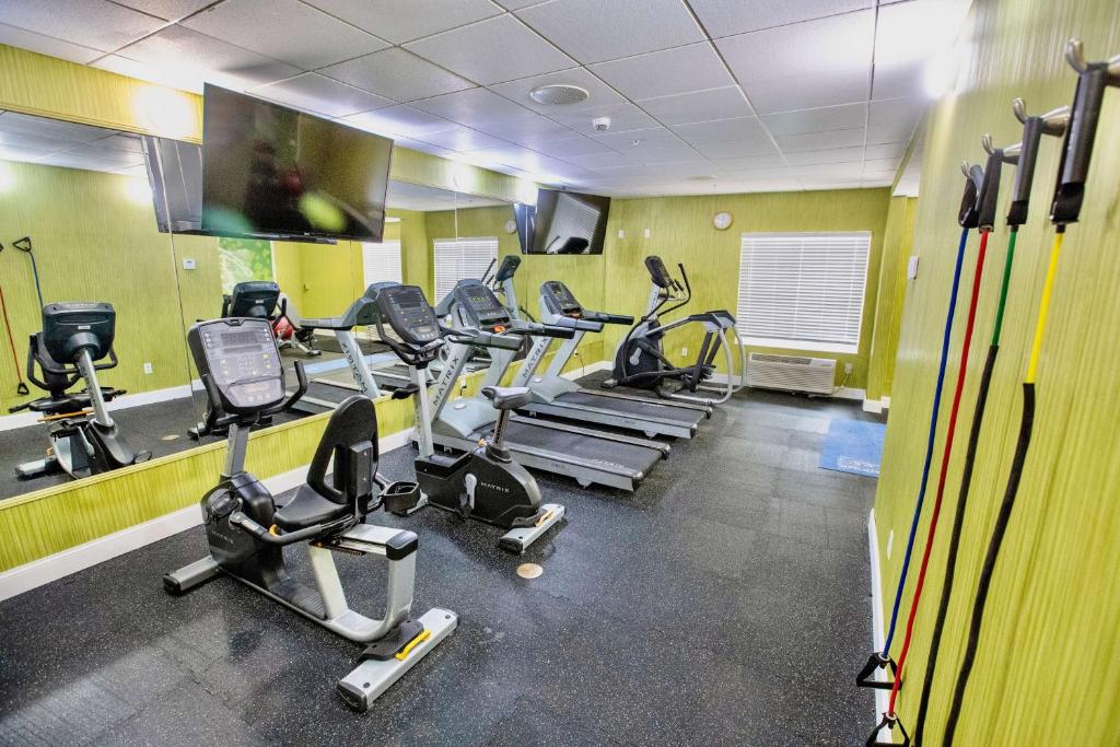 a gym with treadmills and ellipticals in a room at Best Western Plus Orlando Lake Buena Vista South Inn & Suites in Kissimmee