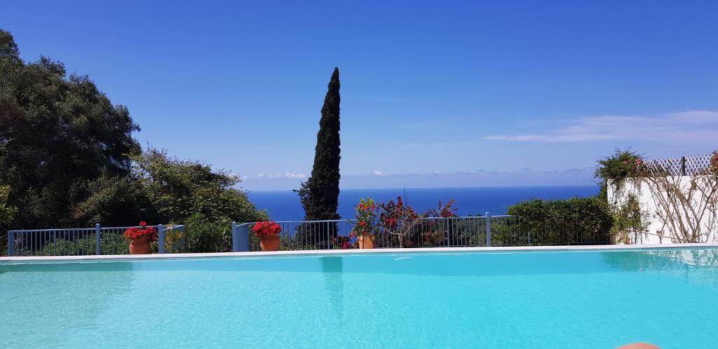 a blue swimming pool with a view of the ocean at Villa Daphne in Pelekas