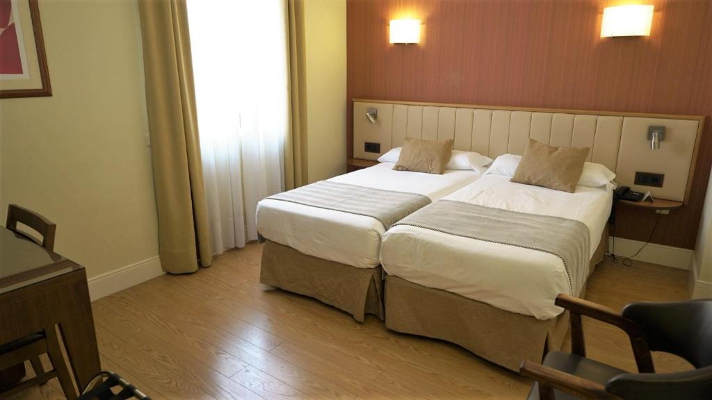 pokój hotelowy z 2 łóżkami i oknem w obiekcie Hospedium Hotel Los Condes w Madrycie