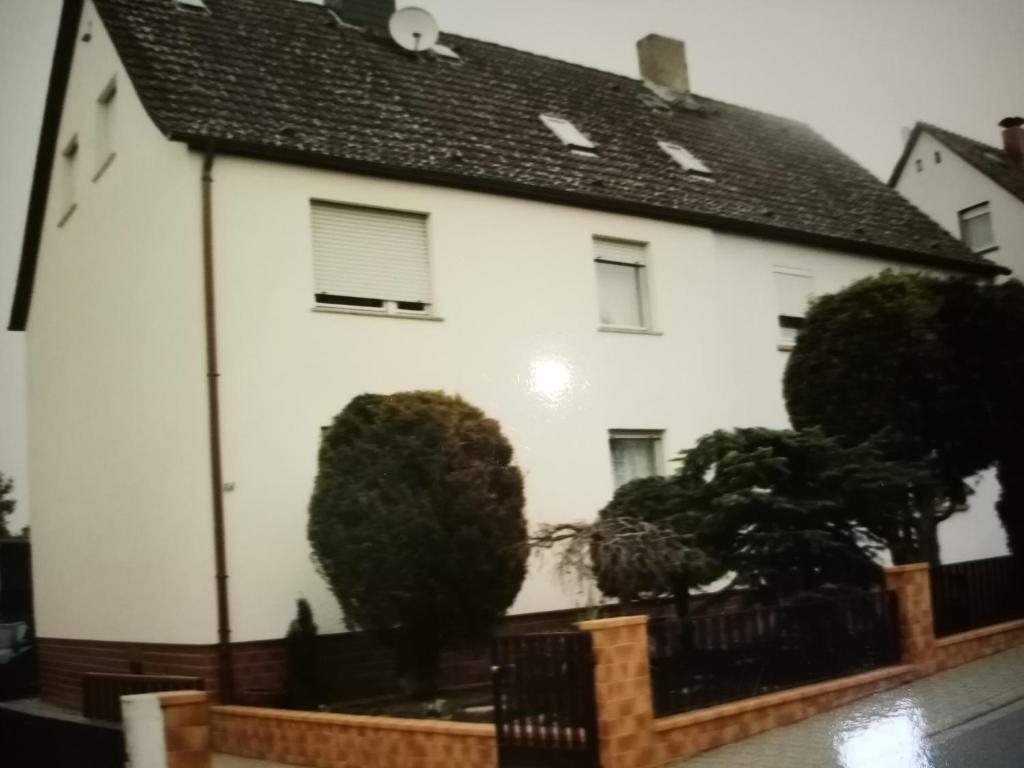 a white house with trees in front of it at Ferienwohnung Jacqueline in Erbach im Odenwald