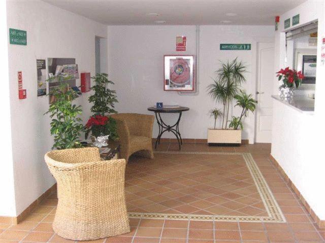 a waiting room with potted plants and a table at Apartahotel Vistamar San José in San José
