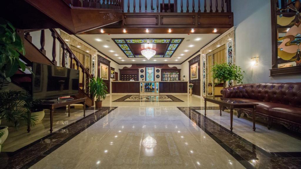 文尼察的住宿－菲尼克斯酒店，大堂配有沙发和电视,拥有彩色玻璃天花板