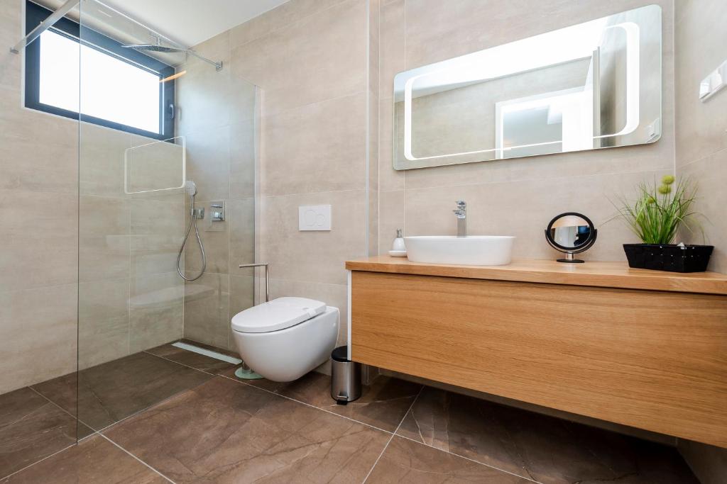 a bathroom with a toilet and a sink and a shower at Villa Tadic in Zadar