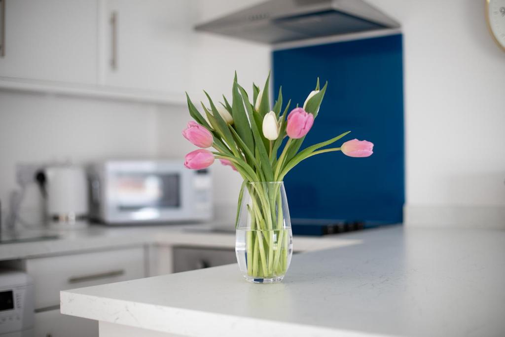 um vaso de flores cor-de-rosa num balcão na cozinha em Sea Front Apartment em Saltburn-by-the-Sea