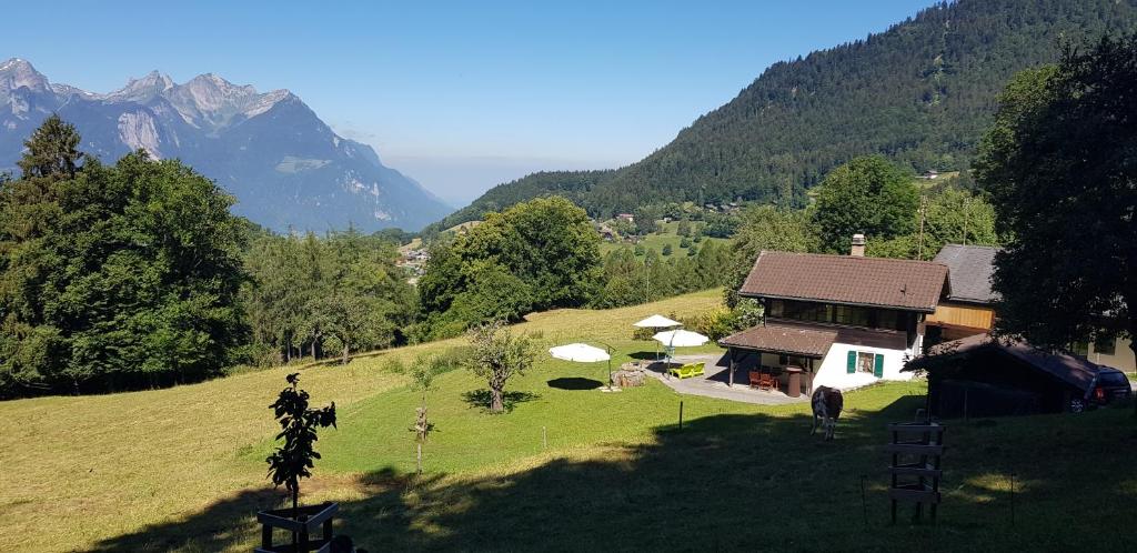 a house on a hill with mountains in the background at Chalet Aisha in Corbeyrier