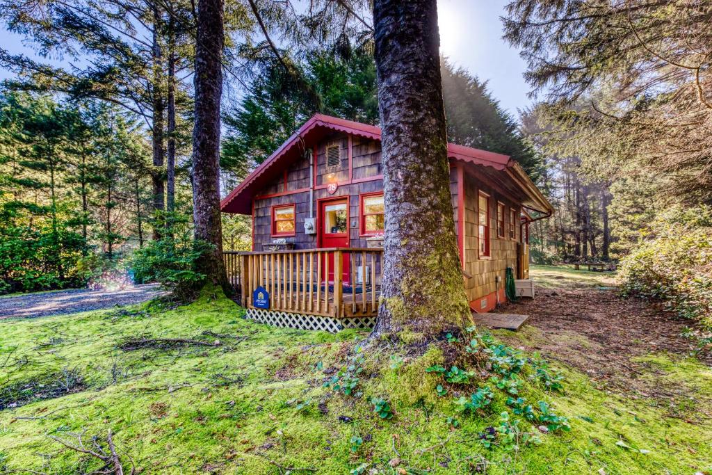 a cabin in the woods with a tree at Woodland Cottage by the Sea in Yachats