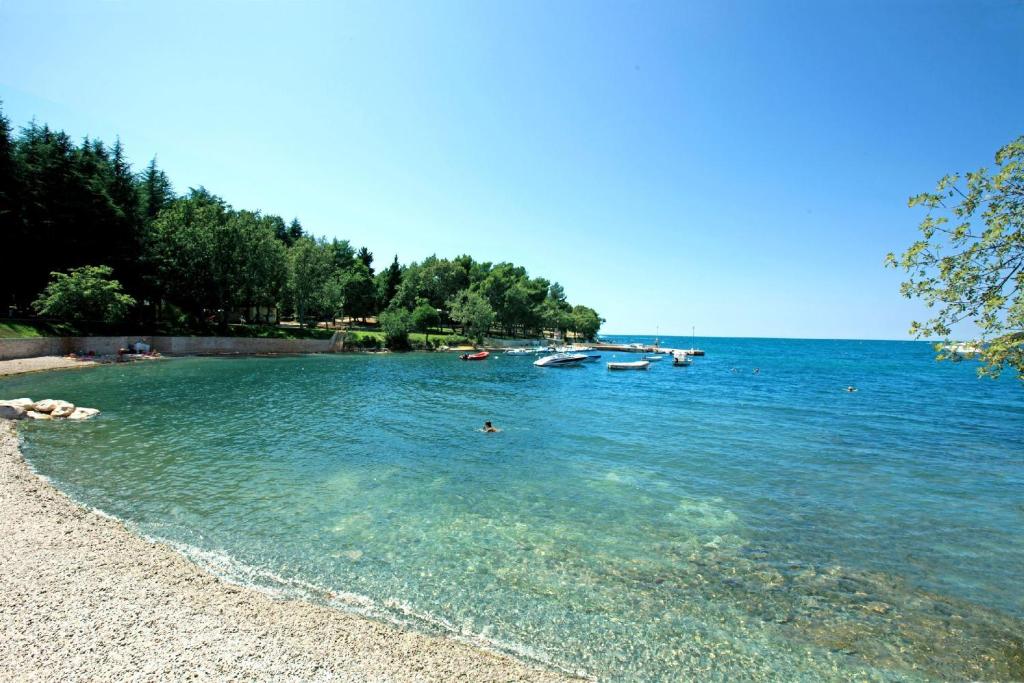 a beach with boats in a large body of water at Hotel Mediteran Plava Laguna in Poreč