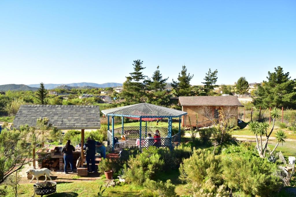 een groep mensen in een tuin met een tuinhuisje bij Bajo el Sol del Valle in Valle de Guadalupe