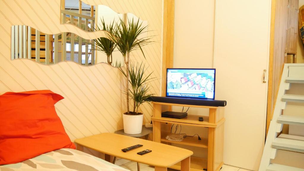 een slaapkamer met een bed en een televisie op een tafel bij Appartement Cosy sur Port de Plaisance in Capbreton