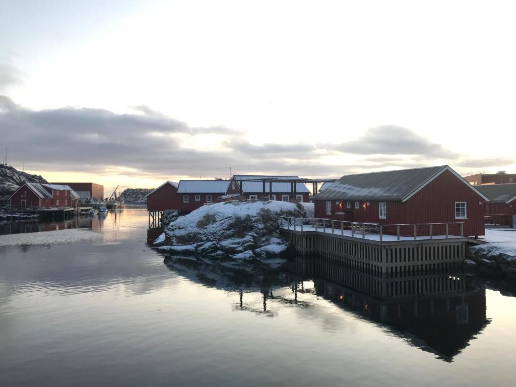 a river with houses and snow on the water at Ludvigbua in Stamsund